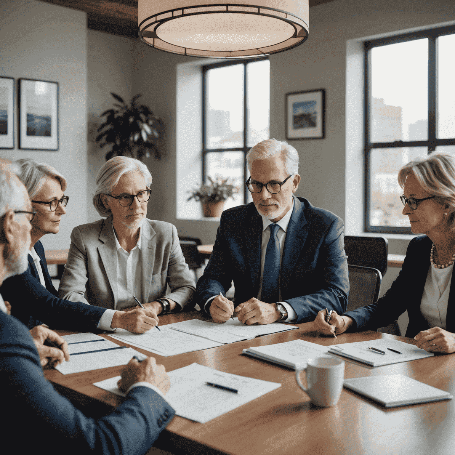 Group of professional financial advisors discussing retirement planning strategies around a conference table