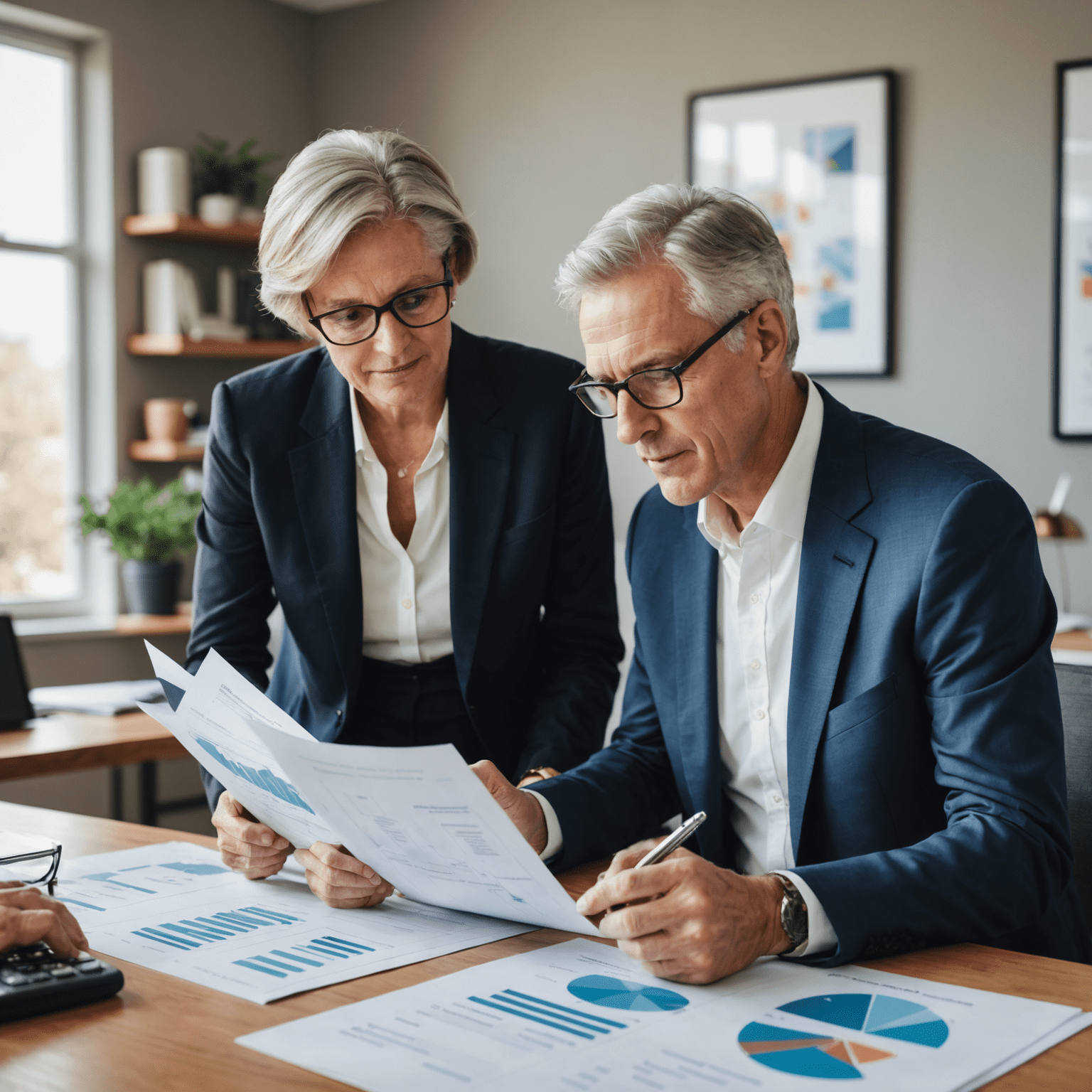 A professional financial advisor discussing retirement planning strategies with a client, both looking at documents and charts on a table.