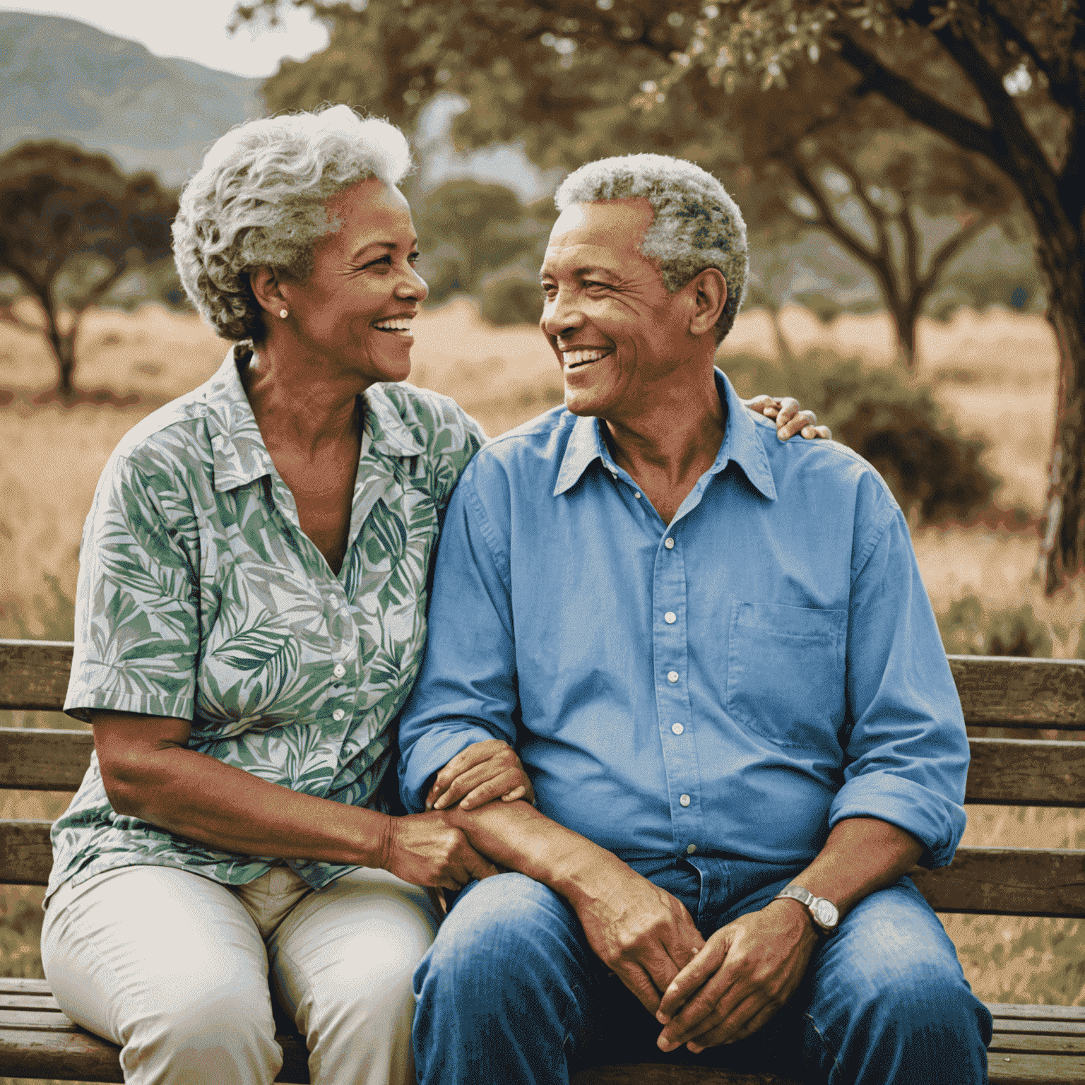 Mature couple enjoying retirement outdoors in South Africa, smiling at each other