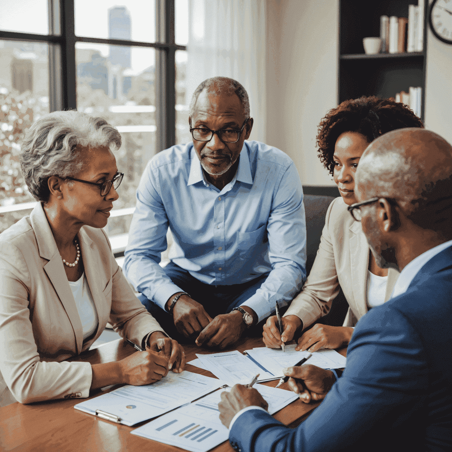 A diverse group of South African professionals discussing retirement investment options with a financial advisor