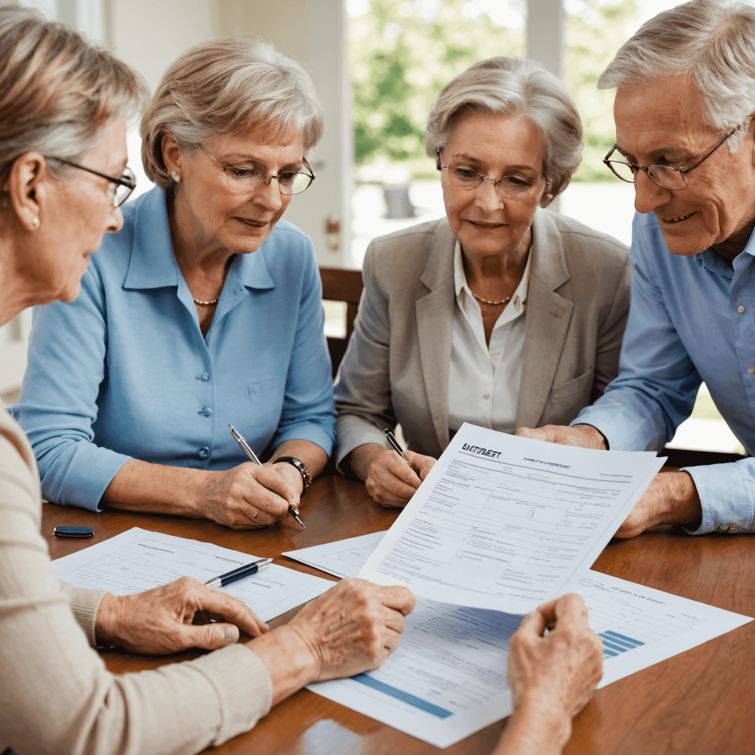 Closeup of a senior couple reviewing financial documents with a financial advisor