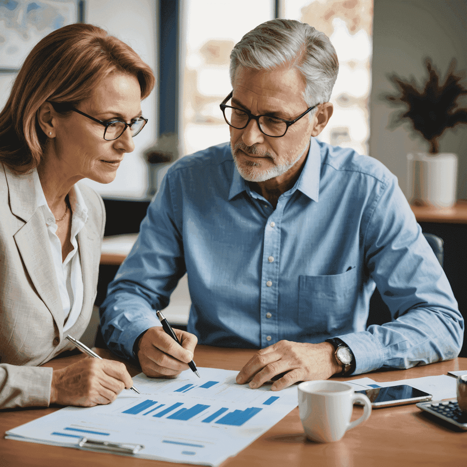 A professional financial advisor discussing retirement planning strategies with a client, both looking at documents and charts on a table.