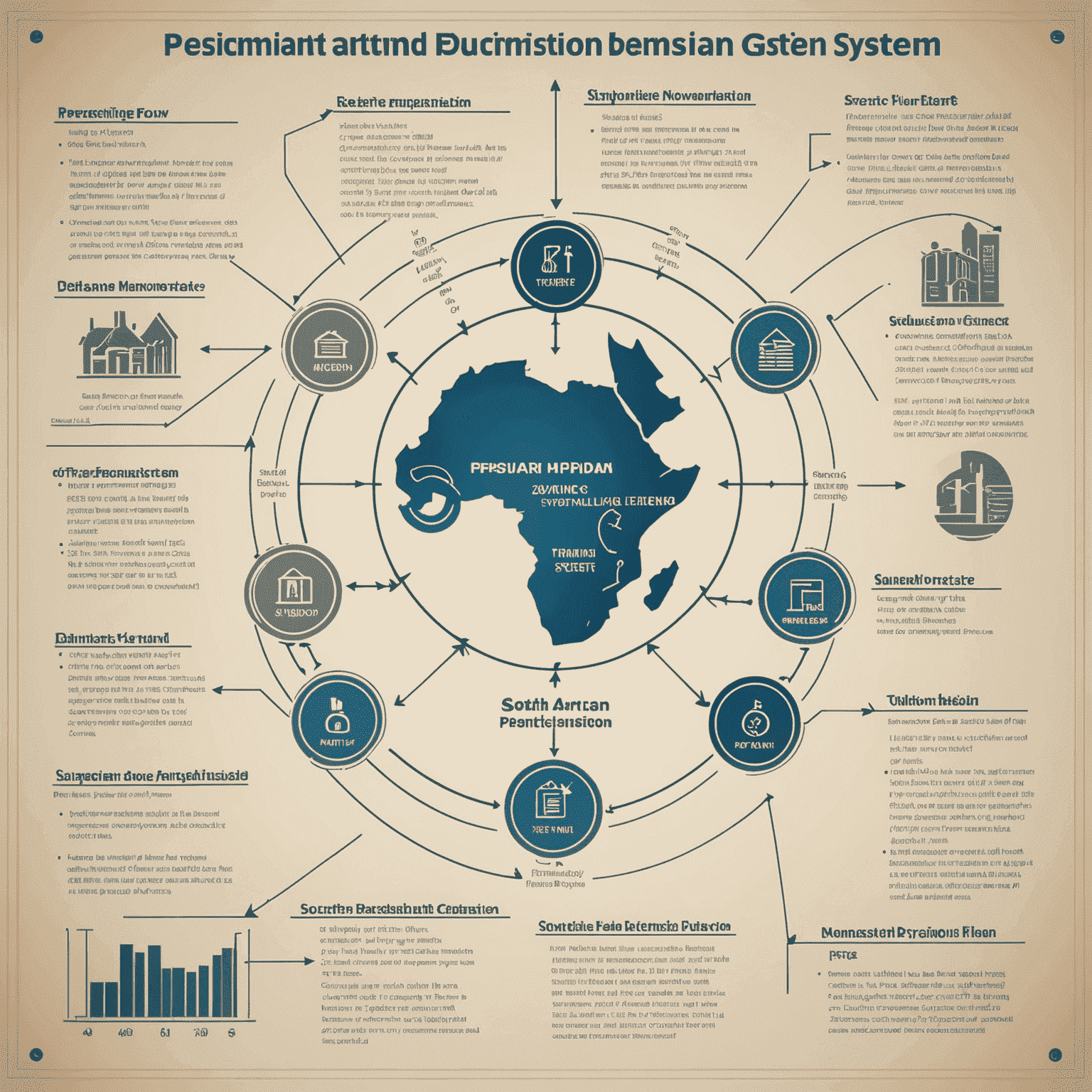 A diagram illustrating the different components and flow of funds in the South African pension system.