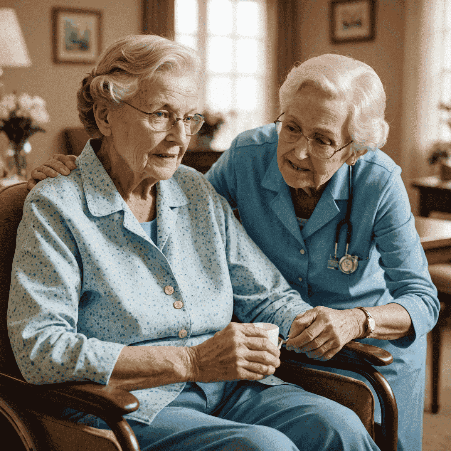 Elderly woman receiving assistance from a caregiver in an assisted living facility