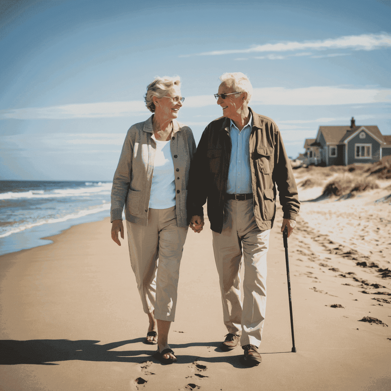 Retired couple enjoying a walk on the beach near their new home